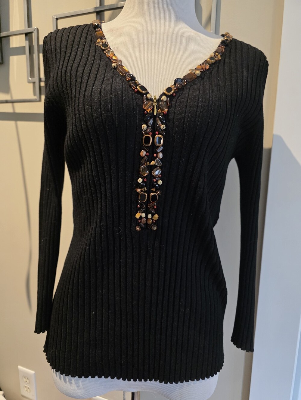 Belldini Black Long Sleeve V-Neck Embellished Sweater Top Size L